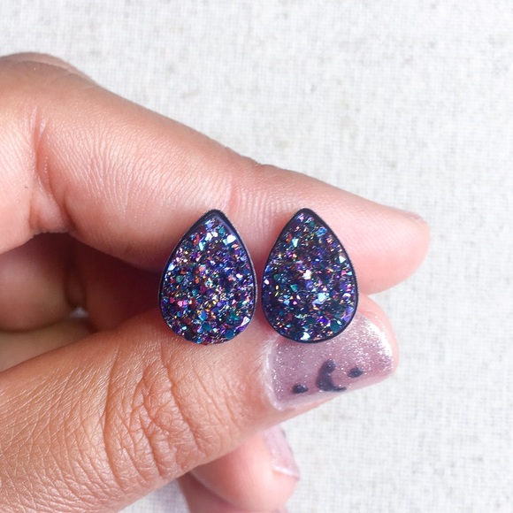 Mystic Purple Teardrop Druzy Studs Hypoallergenic - Picture 2 of 5